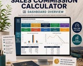 A desktop computer shows a sales commission calculator dashboard with charts and tables, flanked by a tablet, a phone, and a mug.