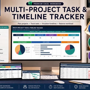 Projektmanagement-Tabelle in Excel: Aufgabenverfolgung für mehrere Projekte, Zeitleiste, Gantt-Diagramm, Fristen und Team-Dashboard