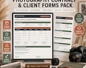 A flat lay shows a camera, lenses, film, and a clipboard with a "Payment Schedule & Payment Record" form, with a laptop displaying the same form digitally.