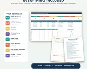 A list of included digital files like XLSX and PDF, next to a laptop displaying a care dashboard and a printed vital signs log.