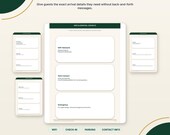 A white welcome book page with green accents shows sections for WiFi & Essential Contacts, Check-In Details, and Host Contact information.