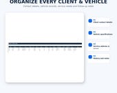 A digital spreadsheet showing client and vehicle CRM data, with text 'ORGANIZE EVERY CLIENT & VEHICLE'.