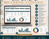 A laptop displaying the recurring expense and subscription tracker spreadsheet alongside feature lists for monitoring upcoming bills and spend overviews.