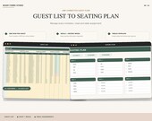 Two laptop screens show a guest list spreadsheet and a seating plan spreadsheet with table assignments.
