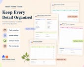 Organizational features graphic showing templates for box inventory, utility updates, moving company comparison, and schedule planning.