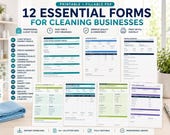 A flat lay shows 12 different cleaning business forms, including "Client Intake & Property Profile," "Service Agreement," and "Supply Request Form," with a blue towel and pen.