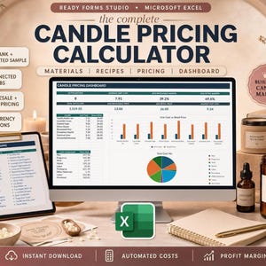 May include: A digital candle pricing calculator template for Microsoft Excel displayed on a computer monitor and tablet. The interface shows a dashboard with charts, cost breakdowns, and pricing data for candle makers, including wholesale and retail options.