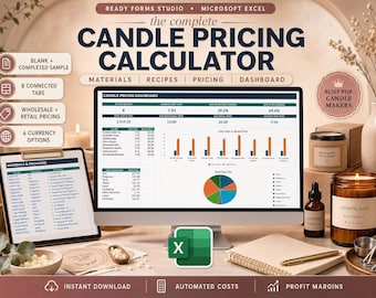 Calculator voor kaarsprijzen en -kosten in Excel: spreadsheets voor kaarskosten, productprijzen, was, arbeid en winstmarge.