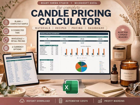 Candle Pricing & Cost Calculator in Excel: Candle Cost, Product Pricing, Wax, Labor and Profit Margin Spreadsheets