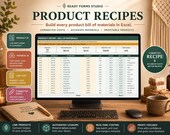 A laptop displays a "Product Recipes" spreadsheet showing connected costs, material IDs, line costs, and connected recipe details.