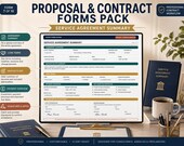 A monitor shows a "Service Agreement Summary" form, with a tablet displaying the same form, and a dark blue binder labeled "Service Agreement Summary."