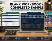 Two laptops display Excel spreadsheets, one a "Blank Workbook" and the other a "Completed Sample" with populated data and charts.