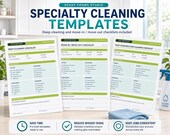Three printed specialty cleaning templates are shown: "Deep Cleaning Checklist," "Move-In / Move-Out Checklist," and "Post-Construction Cleaning Checklist," with a blue towel and spray bottle.