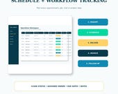 An illustration of a "Pool Service Operations Workspace" showing a table with client, project, and job details, next to five numbered steps: Inquiry, Schedule, Deliver, Invoice, Follow-up.