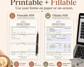 Two bakery order forms are shown side-by-side, demonstrating printable and fillable PDF versions with a laptop and pen.