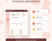 A digital interface titled "Clients & Operations" showing a "Command Center" with revenue, open jobs, and profit, alongside sections for clients, care plans, schedules, and caregivers.