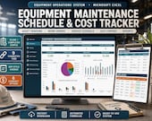 A computer monitor displays an Excel dashboard with charts and tables for equipment maintenance, flanked by a tablet showing an asset register and a hard hat.