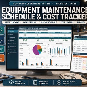 Equipment Maintenance Task Tracker in Excel: Work Orders, Service Schedule, Repair Log and Maintenance Budget Spreadsheets