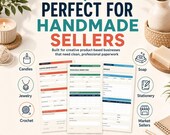 Three printed business forms displayed alongside icons for candles, jewelry, crochet, soap, stationery, and market sellers.