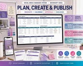 A desktop monitor displays an Excel content calendar and approval tracker, with a tablet showing a content calendar, surrounded by office supplies and a small plant.
