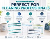 Four stacks of printed cleaning business forms are arranged on a white surface, with a blue spray bottle and rolled blue towel.