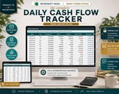 A desktop monitor displays an Excel spreadsheet titled "Daily Cash Flow Tracker" showing a table of daily cash flow data, with a tablet and calculator on the desk.