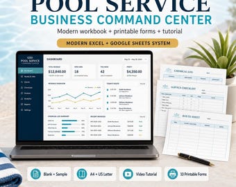 Spreadsheet voor zwembadonderhoud, routeplanner en CRM voor klanten met facturen en watertestgegevens.