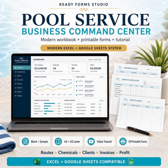 Pool Service Business Spreadsheet, Route Planner and Client CRM with Invoices & Water Test Logs