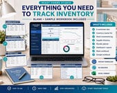A laptop shows an inventory dashboard, surrounded by a blue planner, a mug, a plant, and a list of included features like "Inventory master list" and "Blank workbook."