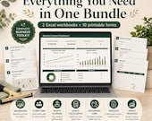 An overview of a window cleaning business bundle featuring a laptop dashboard and printable forms.