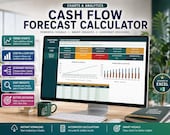 A laptop screen shows the "Charts & Analytics" tab of a cash flow calculator, displaying various graphs including "Cash In vs Cash Out" and "Closing Cash vs Reserve," with feature descriptions on the left.