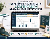A laptop displays an Excel dashboard with charts and graphs, flanked by a dark green binder titled "Employee Training & Certification Management System" and a white notepad labeled "Training Calendar."
