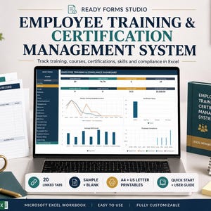 May include: A laptop displaying an Employee Training & Certification Management System dashboard in Excel, accompanied by printed training records, a workbook, a quick start guide, a pen, and a mug on a desk with text overlays describing the system.