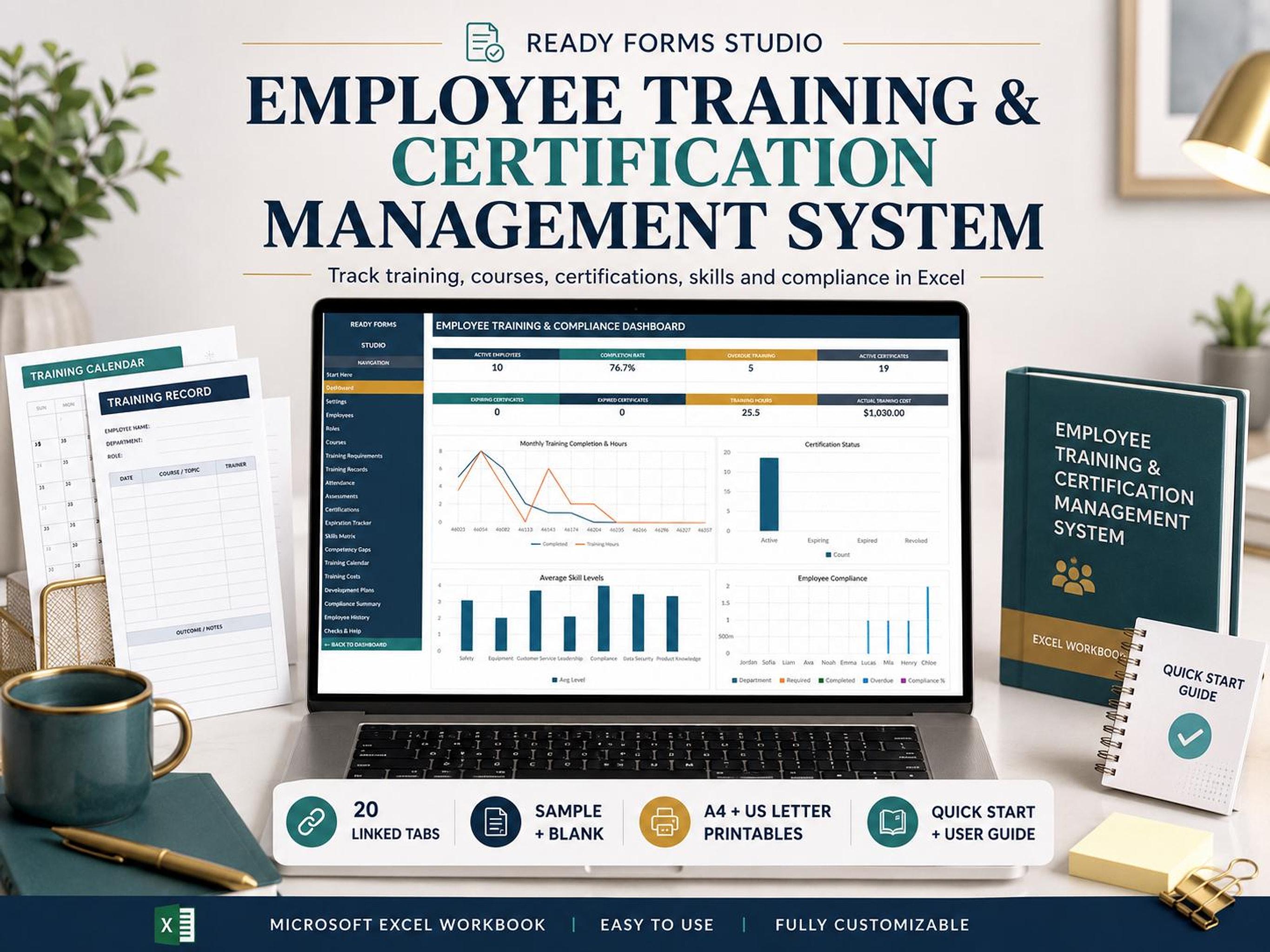 A laptop displays an Excel dashboard with charts and graphs, flanked by a dark green binder titled "Employee Training & Certification Management System" and a white notepad labeled "Training Calendar."
