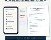 A list of 12 family communication templates, including "Appointment Confirmation" and "End-of-Shift Handoff," next to a sample form.