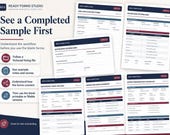 Six white forms, including a Job Application Form and an Interview Scorecard, with some fields filled in as examples, and text describing sample features.
