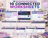 A computer screen shows a dashboard for an embroidery business system with 10 connected worksheets, including pricing, blanks, and job orders, with embroidered items below.