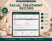 A desktop monitor and tablet show a "Facial Treatment Record" form, with skincare bottles, a candle, and a jade roller on a counter.