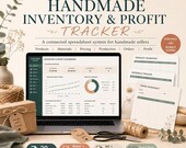 A laptop displaying an inventory and profit dashboard sits beside gift boxes, yarn, and printed worksheets.