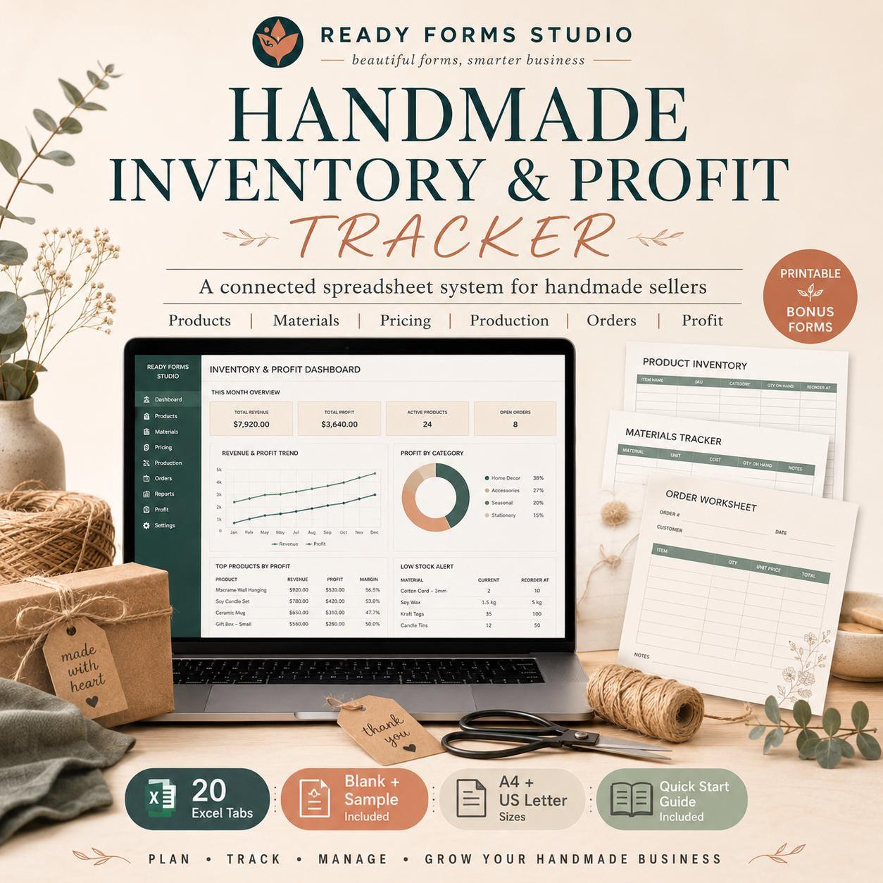 A laptop displaying an inventory and profit dashboard sits beside gift boxes, yarn, and printed worksheets.