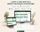 May include: A digital lawn care business management system featuring a computer monitor and laptop displaying Excel dashboards, plus eight printable forms. The text reads Ready Forms Studio, Lawn Care Route & Profit Business System Pro.
