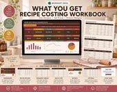 A laptop shows a "Recipe Cost & Pricing Command Center" spreadsheet, with a tablet displaying a "Recipe Pricing Workbook" on a kitchen counter with baking supplies.
