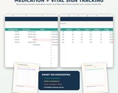 Two digital forms, "Medication Tracking" and "Vital Sign Tracking," show tables for scheduled medication and recorded vital signs.
