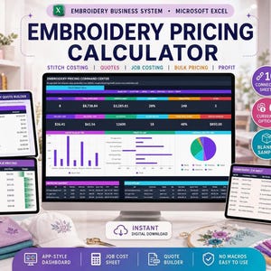 Embroidery Pricing & Cost Calculator in Excel: Embroidery Cost, Quotes, Job Cost Sheet and Profit Margin  (Digital Download)