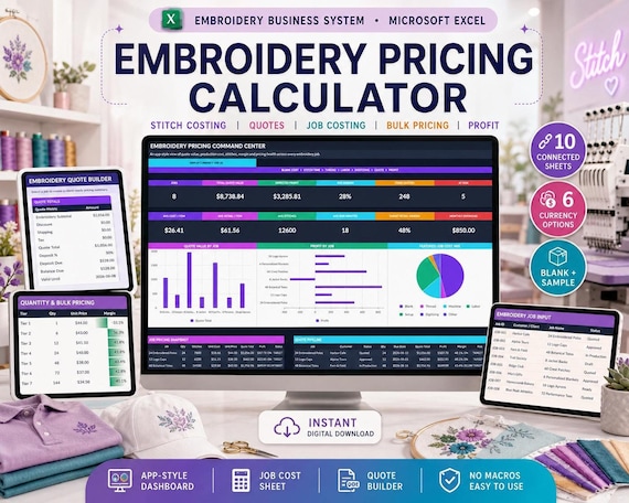 Embroidery Pricing & Cost Calculator in Excel: Embroidery Cost, Quotes, Job Cost Sheet and Profit Margin (Digital Download)