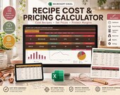A laptop displays a spreadsheet titled "Recipe Cost & Pricing Command Center" with charts and data, surrounded by baking ingredients and tools.
