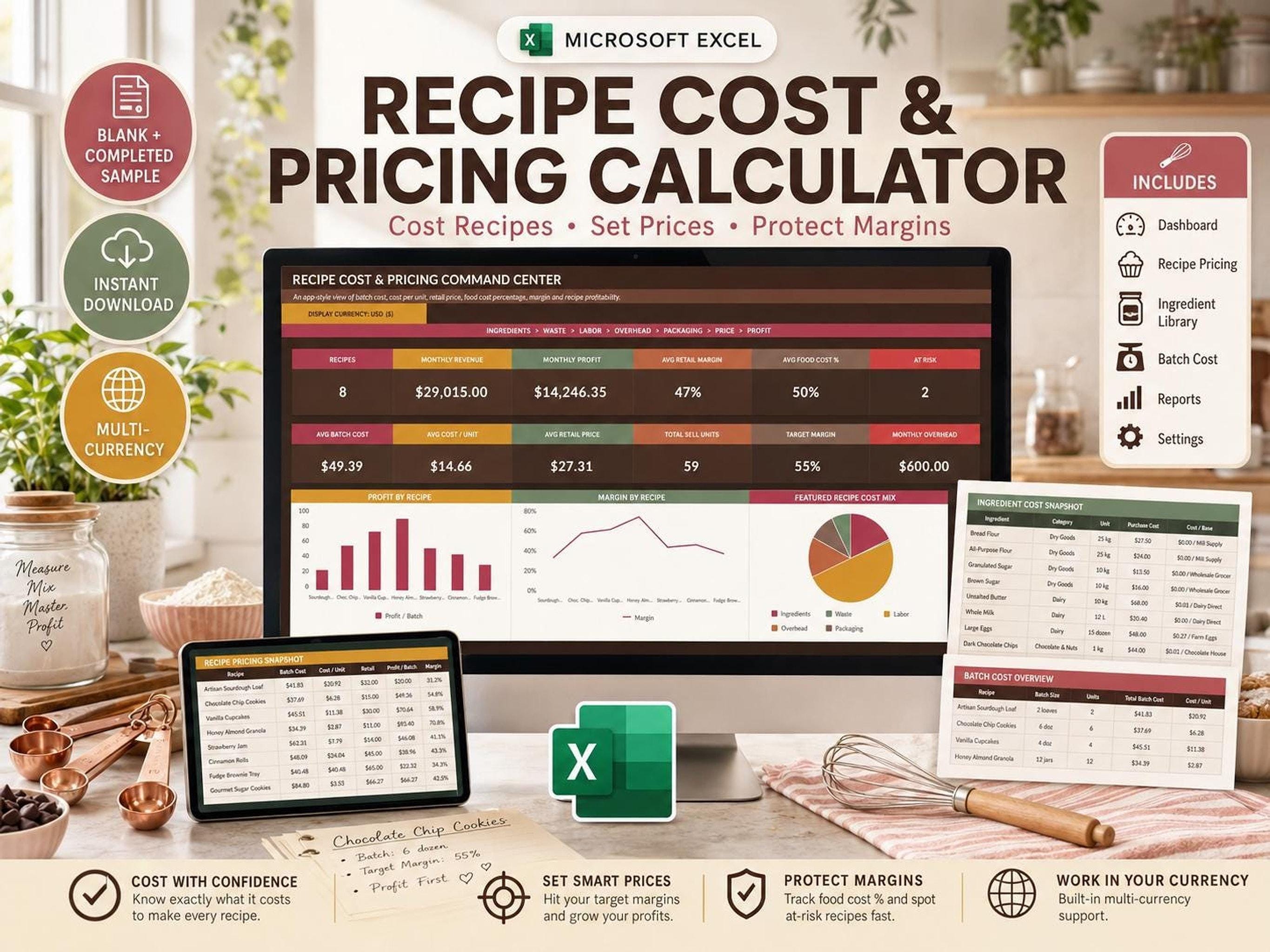 A laptop displays a spreadsheet titled "Recipe Cost & Pricing Command Center" with charts and data, surrounded by baking ingredients and tools.