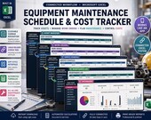 A computer monitor displays multiple overlapping Excel windows for equipment maintenance, with a wrench and hard hat in the background.