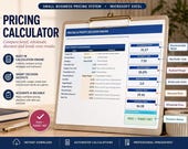 A desktop monitor displays a "Pricing & Profit Decision Engine" spreadsheet, with a plant and a notebook on the desk, and text overlays describing "Pricing Calculator" and "Built-in Calculation Engine."