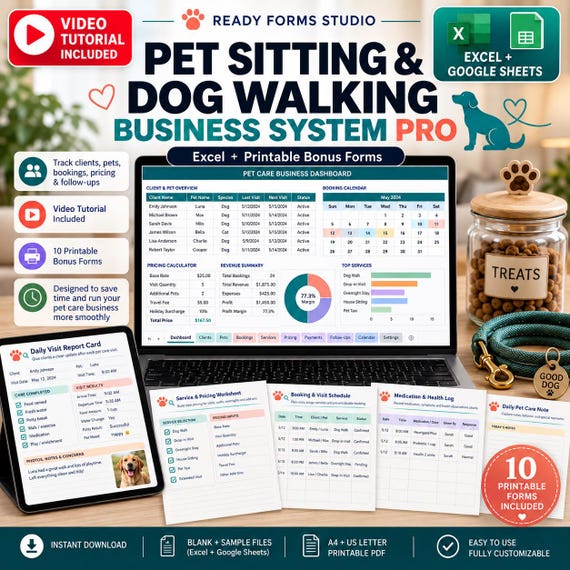 Dog Walking Business Spreadsheet | Dog Walker Client & Pet CRM, Booking, Route, Visit Tracker